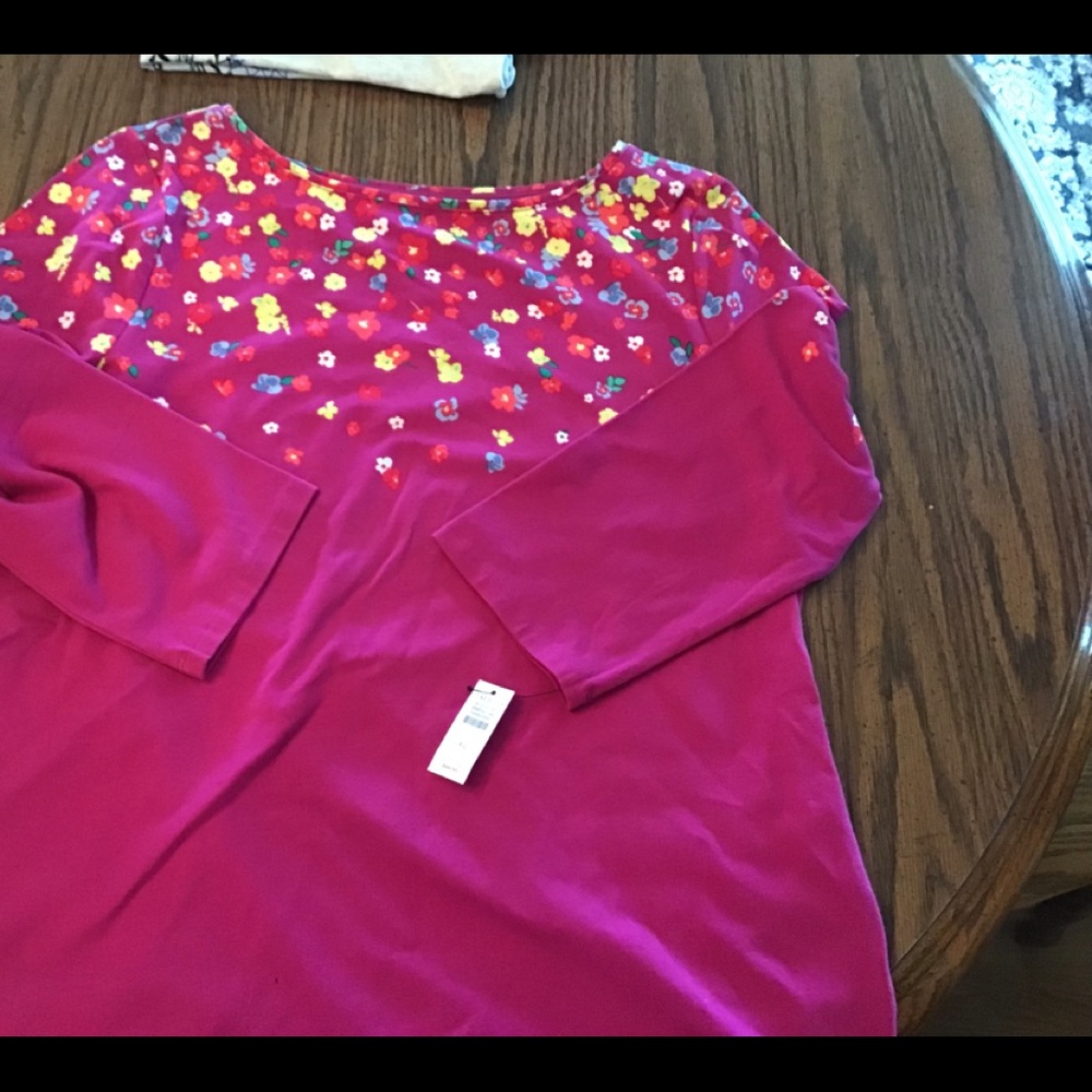 Talbots Fuchsia Long Sleeve Tee with Multicolor Floral Yoke